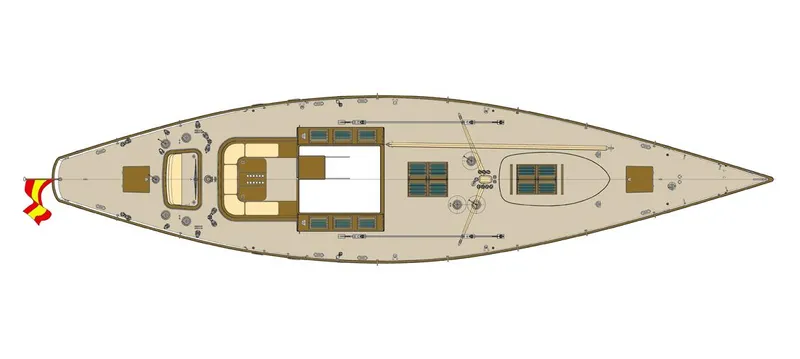 Aldebaran Yacht Photos Pics Top view of 2003 JFA Yachts Custom 70 sailboat deck layout.