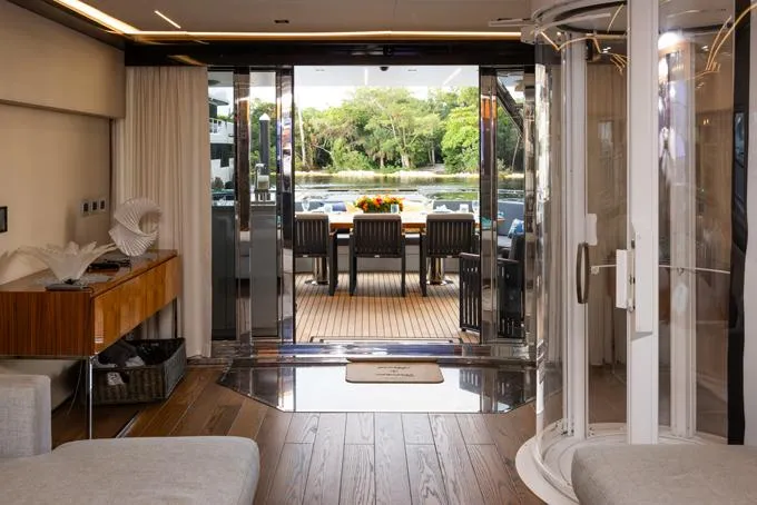 Lady Caroline Yacht Photos Pics Salon to Aft Deck, Main Deck