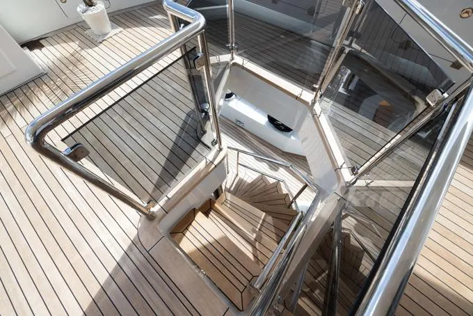 Lady Caroline Yacht Photos Pics Stairs down from Bridge Deck, Aft