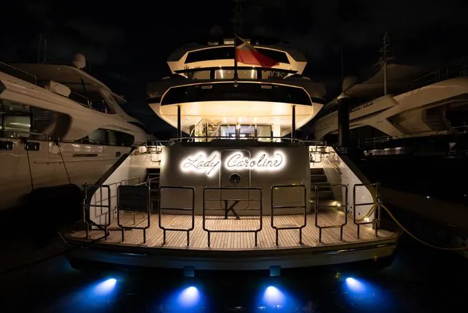 Lady Caroline Yacht Photos Pics Stern at Night