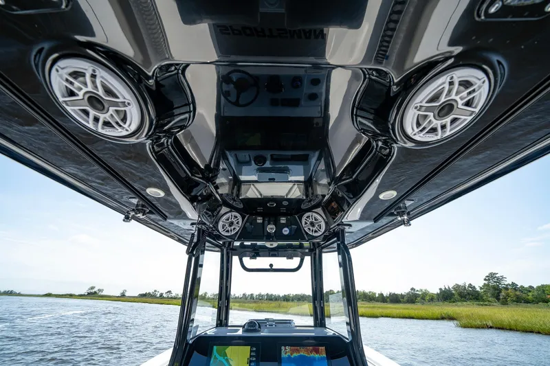  Yacht Photos Pics 2023 Sportsman Open 282 Center Console boat interior with speakers and navigation system.