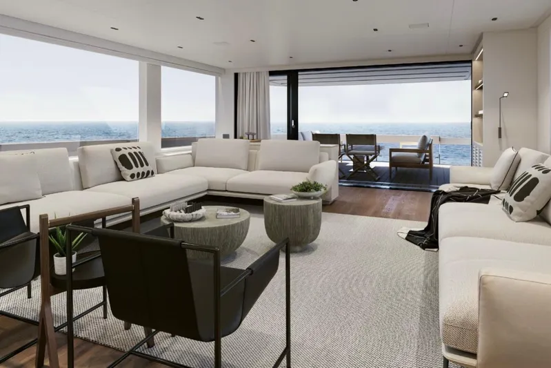  Yacht Photos Pics Luxurious interior of 2026 Sanlorenzo SL86A yacht with ocean view and modern furnishings.