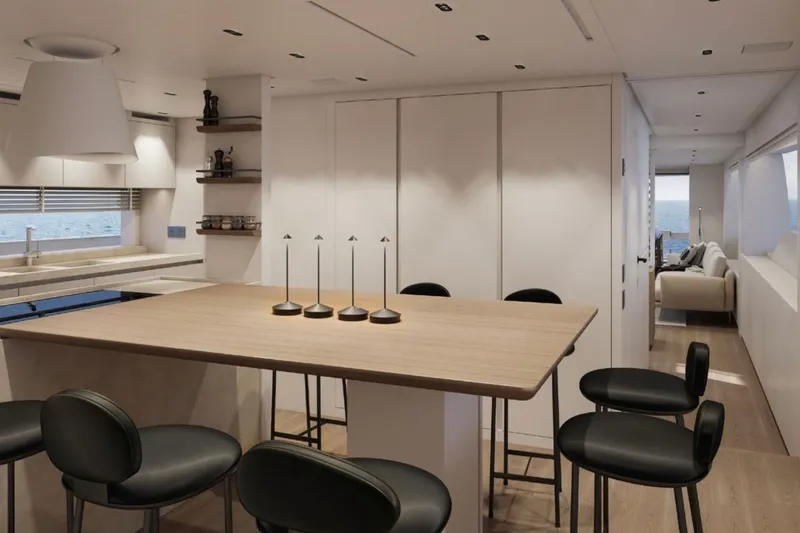  Yacht Photos Pics Luxurious interior of 2026 Sanlorenzo SL86A yacht with modern dining area and ocean view.