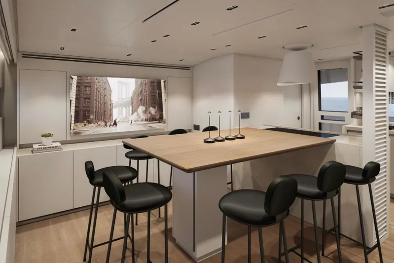  Yacht Photos Pics Luxurious interior of 2026 Sanlorenzo SL86A yacht with modern dining area.