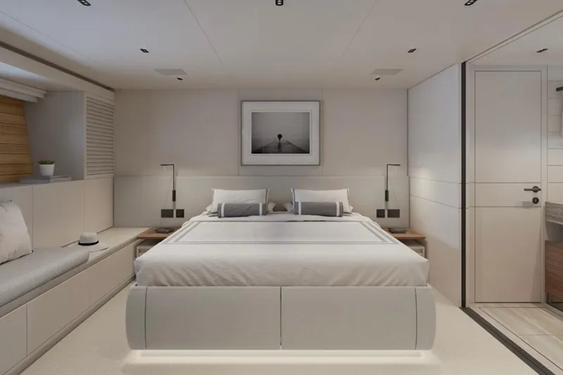  Yacht Photos Pics Luxurious bedroom interior of 2026 Sanlorenzo SL86A yacht, featuring modern design and elegant decor.