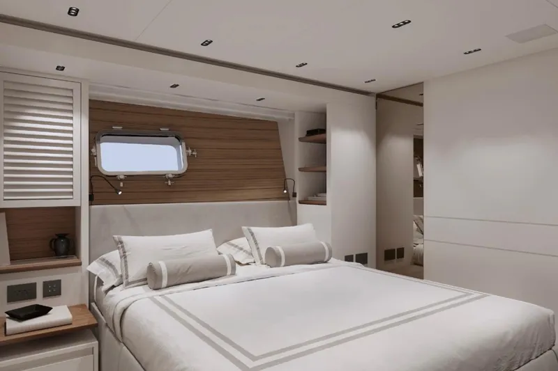  Yacht Photos Pics Luxurious bedroom interior of 2026 Sanlorenzo SL86A yacht, featuring elegant design and modern amenities.