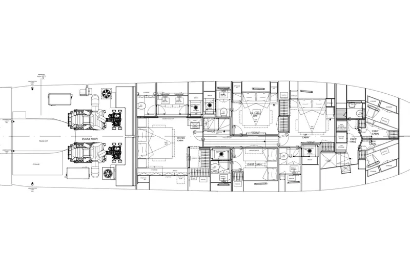  Yacht Photos Pics Floor plan of 2026 Sanlorenzo SL86A yacht, showcasing detailed cabin and engine room layout.