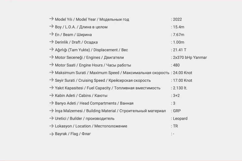  Yacht Photos Pics Specifications of 2022 Leopard 53 Powercat, including dimensions, engine, and capacity details.