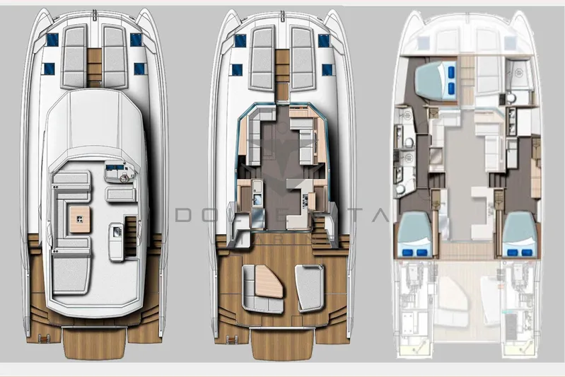  Yacht Photos Pics Floor plan of a 2022 Leopard 53 Powercat yacht, showcasing interior and deck layout.