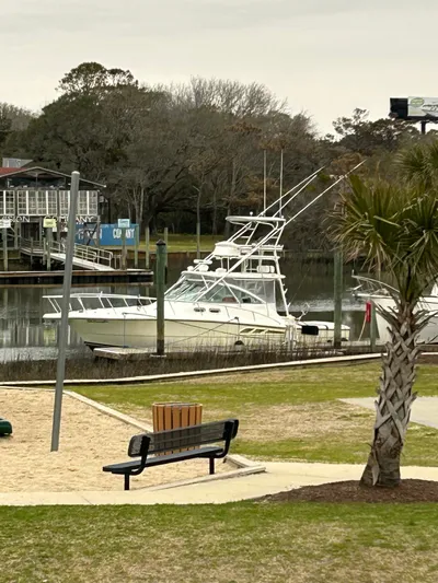  Yacht Photos Pics 2006 Rampage 38 Express boat docked by a park with trees and benches.