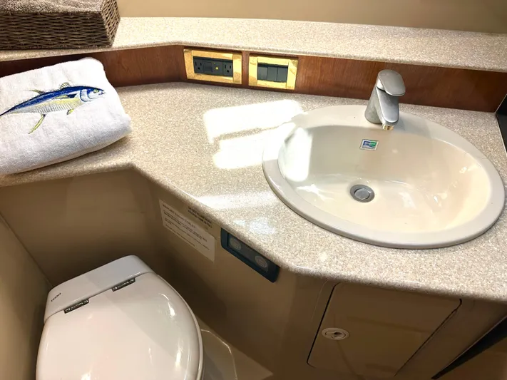 Yacht Photos Pics Luxurious bathroom in 2006 Rampage 38 Express yacht with sink and toilet.