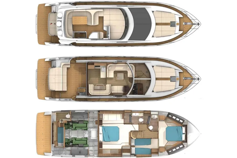  Yacht Photos Pics Floor plan of 2015 Absolute 56 FLY yacht, showcasing three levels with detailed interior layout.