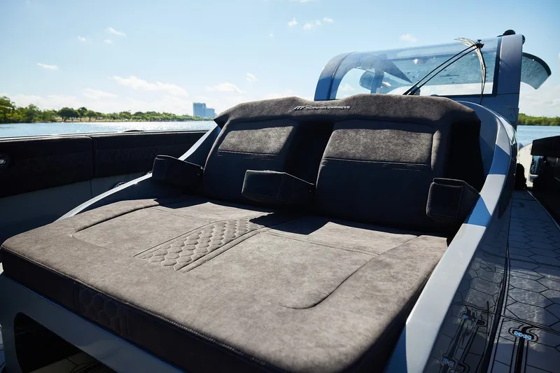  Yacht Photos Pics Luxurious seating on Midnight Express 52' Vitesse boat, with scenic water view.