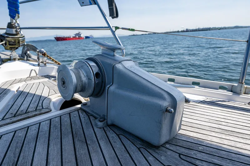 Emeritus Yacht Photos Pics Windlass on Nauticat 35 Pilot House yacht deck, 2000 model, with ocean view.