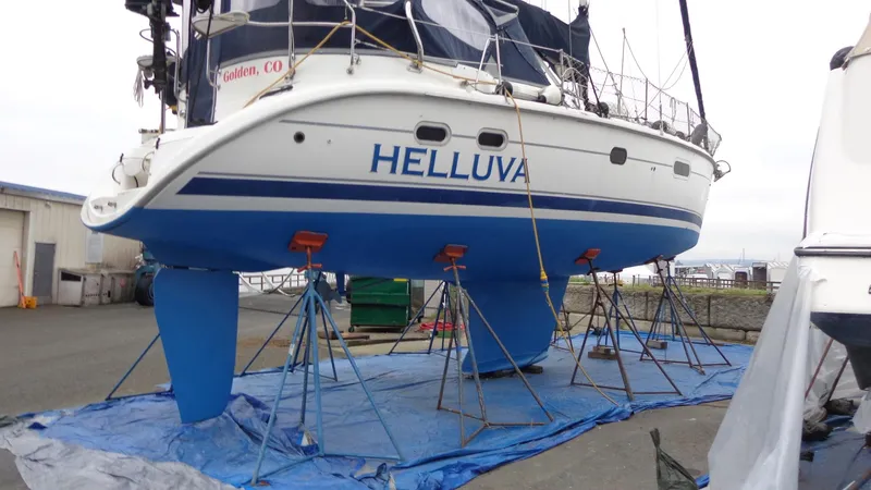 "helluva" Yacht Photos Pics Hunter 410 sailboat named "Helluva" on stands for maintenance, 2000 model.