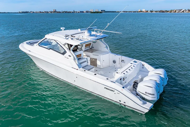 Conspirasea Yacht Photos Pics 2021 Pursuit DC 365 Dual Console boat on open water, featuring triple Yamaha engines.