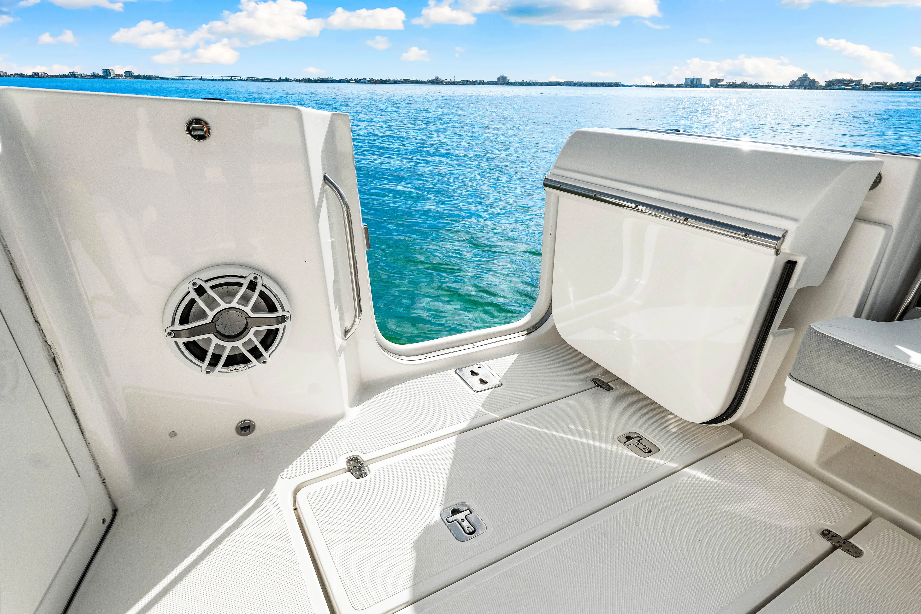 Conspirasea Yacht Photos Pics 2021 Pursuit DC 365 Dual Console boat interior with ocean view.