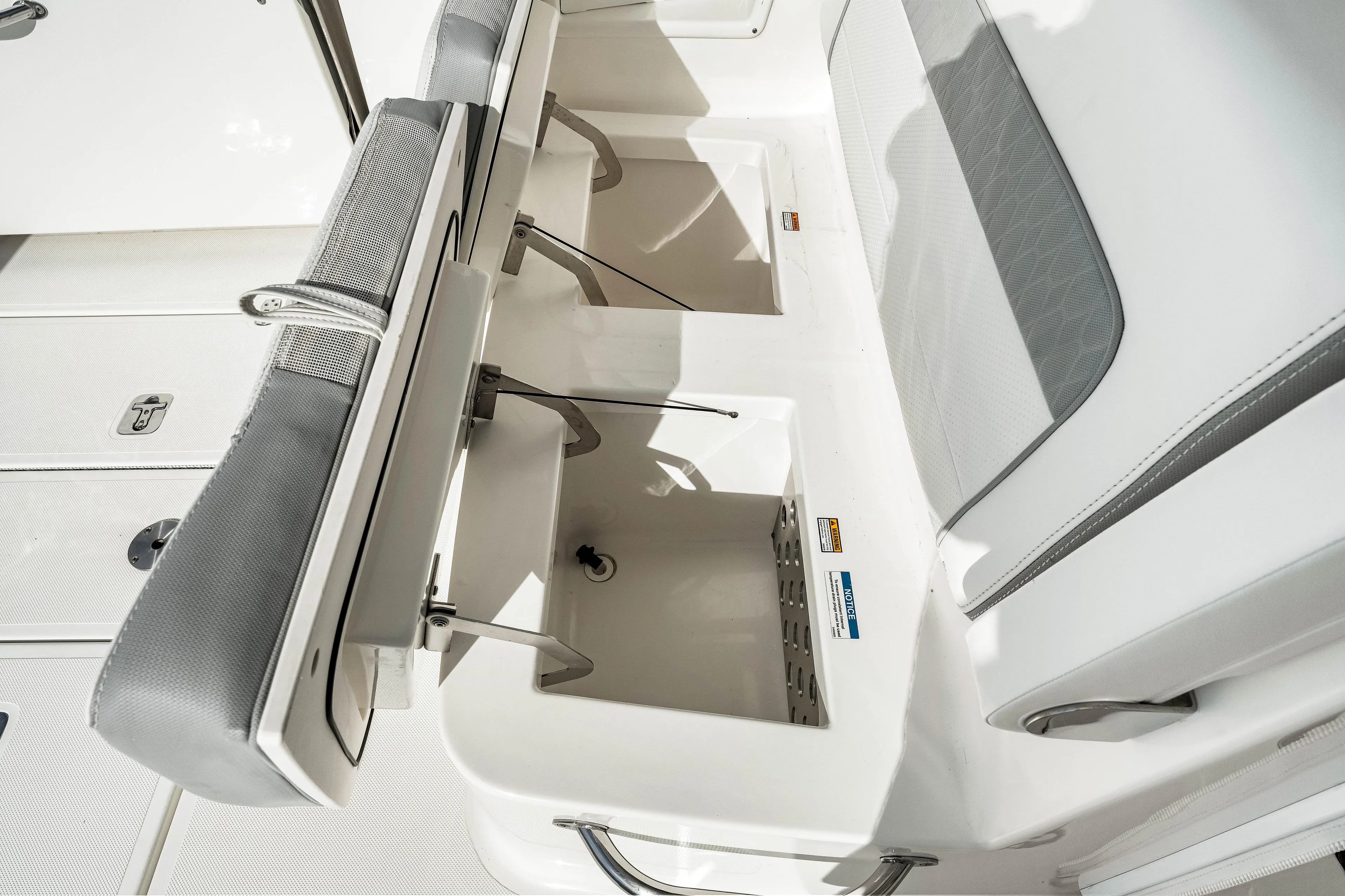Conspirasea Yacht Photos Pics 2021 Pursuit DC 365 Dual Console boat seating and storage compartments.