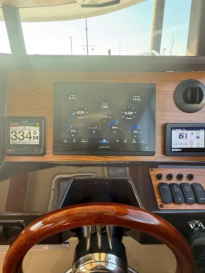  Yacht Photos Pics Dashboard of 2023 Ranger Tugs R-27 with Garmin navigation and control displays.