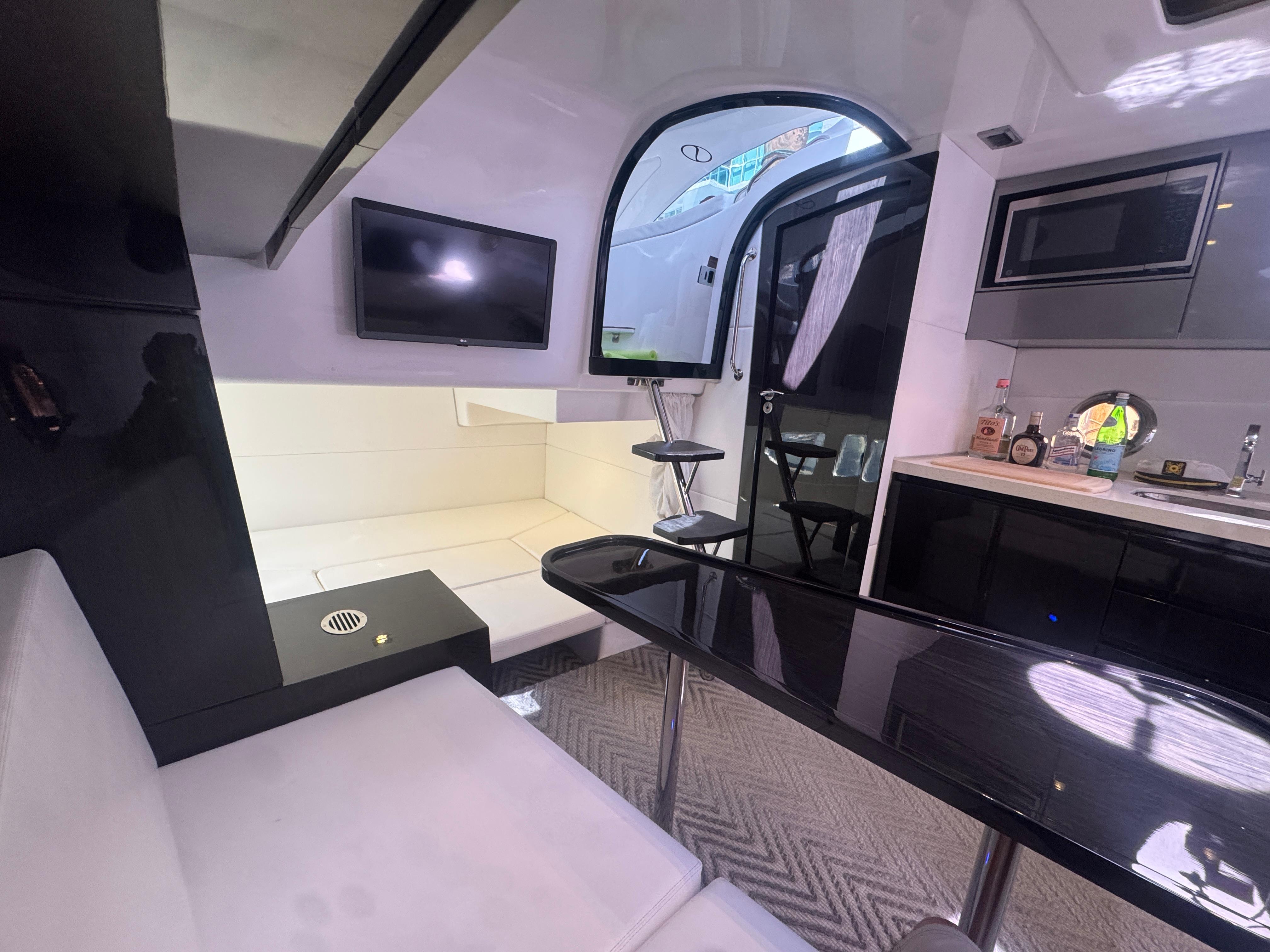 Luxurious interior of 2023 Schaefer 375 HT yacht with modern amenities and sleek design.