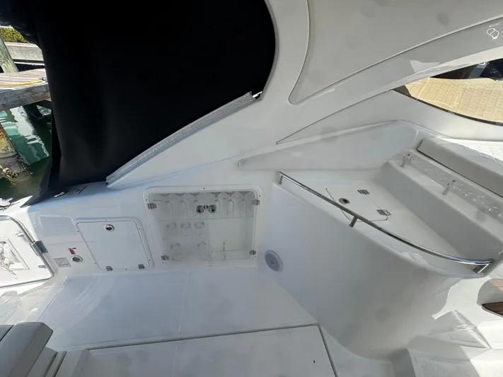  Yacht Photos Pics 2023 Schaefer 375 HT boat interior with sleek white design and modern features.
