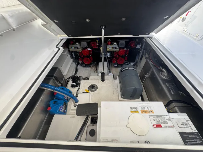  Yacht Photos Pics Engine compartment of 2023 Schaefer 375 HT boat, showcasing mechanical components and systems.