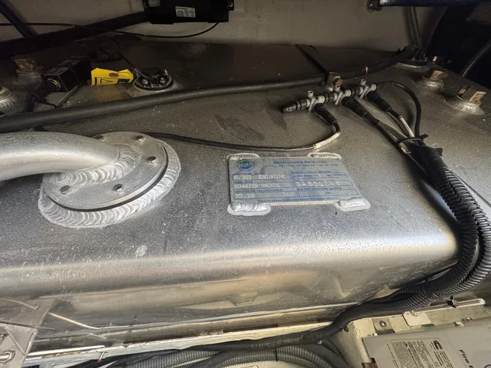  Yacht Photos Pics Engine compartment of 2023 Schaefer 375 HT boat, showing fuel tank and wiring.