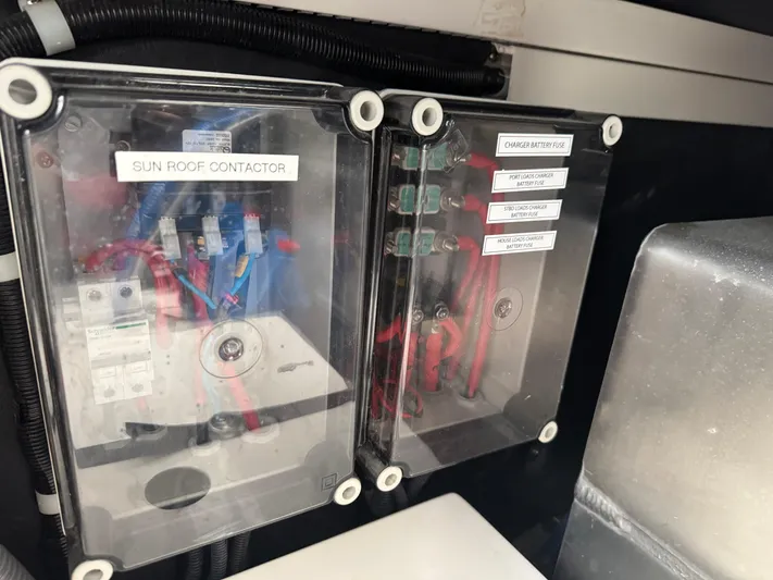  Yacht Photos Pics Electrical panel of 2023 Schaefer 375 HT boat with labeled components.