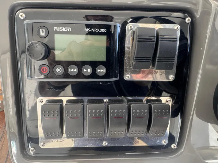  Yacht Photos Pics Control panel of 2023 Schaefer 375 HT with Fusion MS-NRX300 audio system.