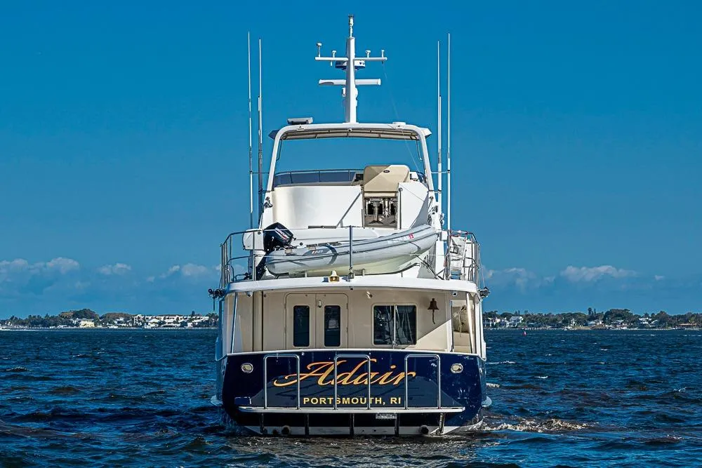 Kadey-Krogen 58EB yacht, 2017 model, cruising in open water near Portsmouth, RI.
