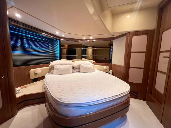 Obsession Yacht Photos Pics Luxurious bedroom interior of 2015 Azimut Magellano 53 yacht with modern design.