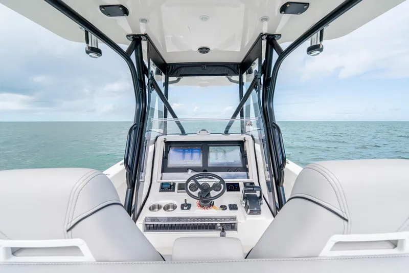  Yacht Photos Pics Interior view of futuristic SeeVee 32 boat, 2099 model, with advanced navigation system.