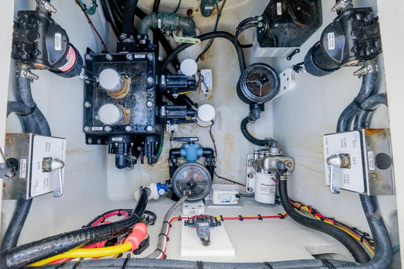  Yacht Photos Pics Engine compartment of a SeeVee 32, 2099 model, showcasing complex mechanical components.