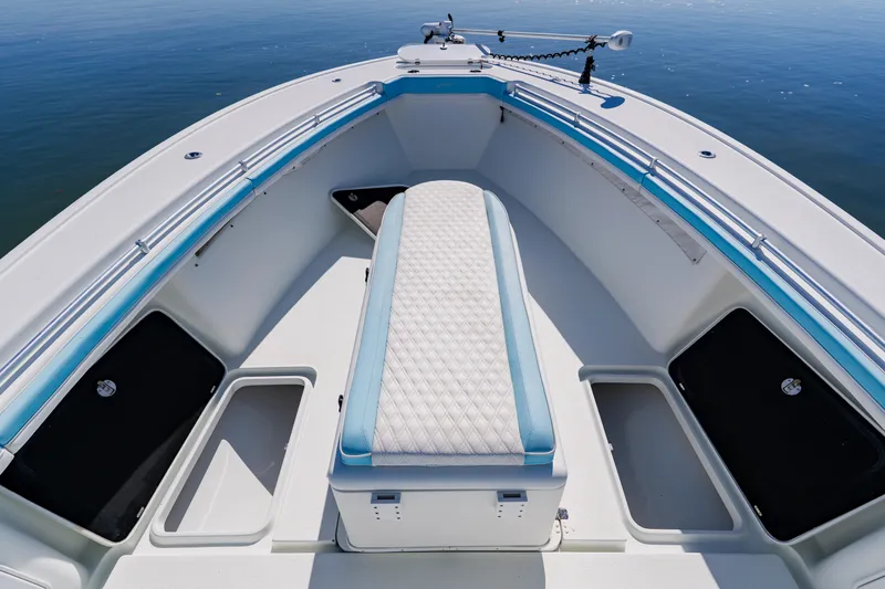  Yacht Photos Pics 2015 Yellowfin 39 Offshore boat interior with cushioned seating and storage compartments.