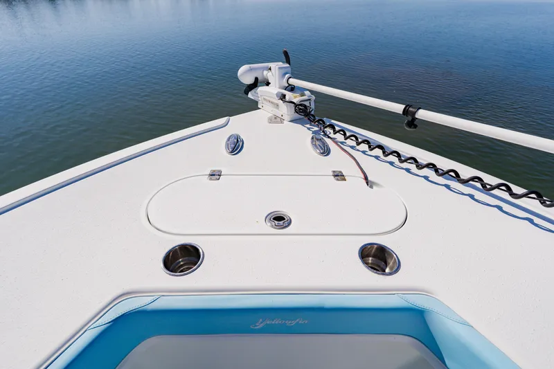  Yacht Photos Pics Bow of 2015 Yellowfin 39 Offshore boat on calm water.