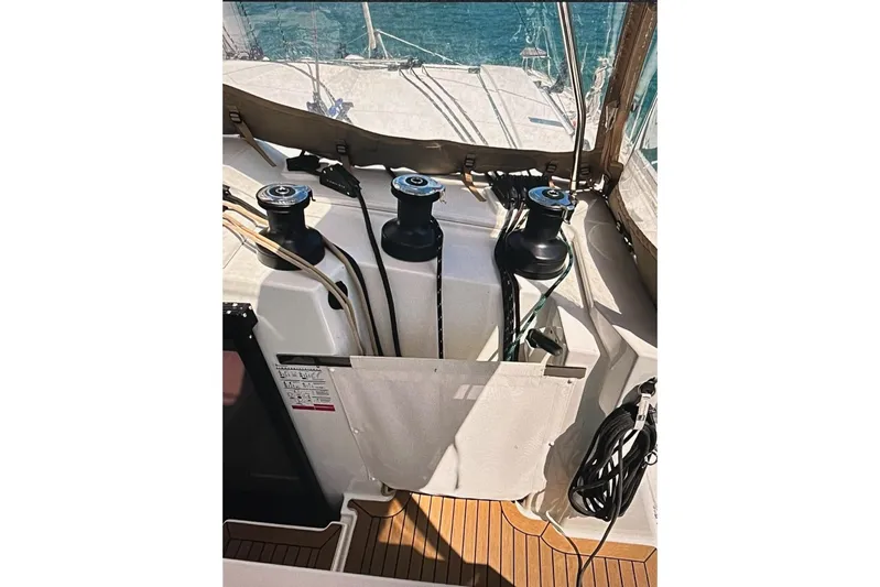 Honu Kai Yacht Photos Pics 2023 Fountaine Pajot Catamaran Astrea 42 deck with winches and ropes.