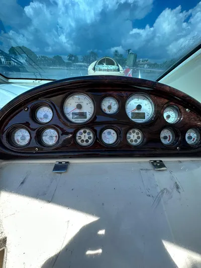 Zuri Yacht Photos Pics Dashboard of a 2007 Cranchi Mediterranee 50 HT yacht with gauges and controls.