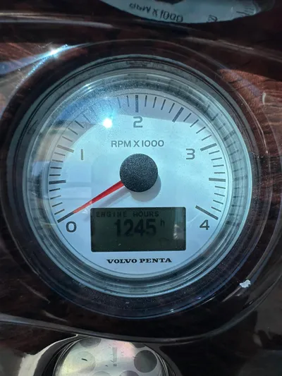Zuri Yacht Photos Pics Volvo Penta RPM gauge showing 1245 engine hours on a 2007 Cranchi Mediterranee 50 HT.
