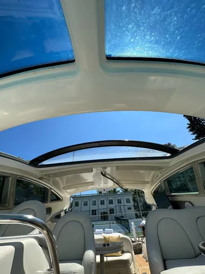 Zuri Yacht Photos Pics Interior view of 2007 Cranchi Mediterranee 50 HT yacht with open sunroof.