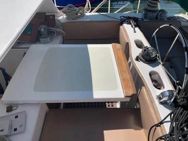  Yacht Photos Pics Cockpit of 1988 Ocean Custom yacht with steering wheel and navigation equipment.