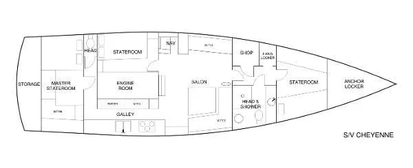  Yacht Photos Pics Floor plan of 1988 Ocean Custom yacht, featuring staterooms, galley, salon, and engine room.