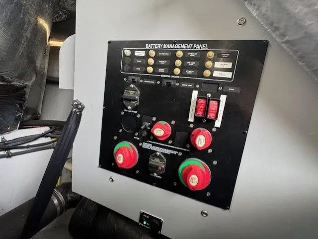 Continuous Wave Yacht Photos Pics Battery management panel on 2007 Meridian 391 yacht, featuring switches and controls.
