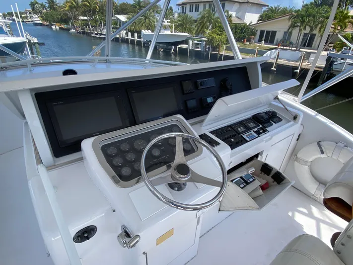 Rock Mama Yacht Photos Pics Helm of 2001 Hatteras 55 Convertible yacht with modern navigation equipment.