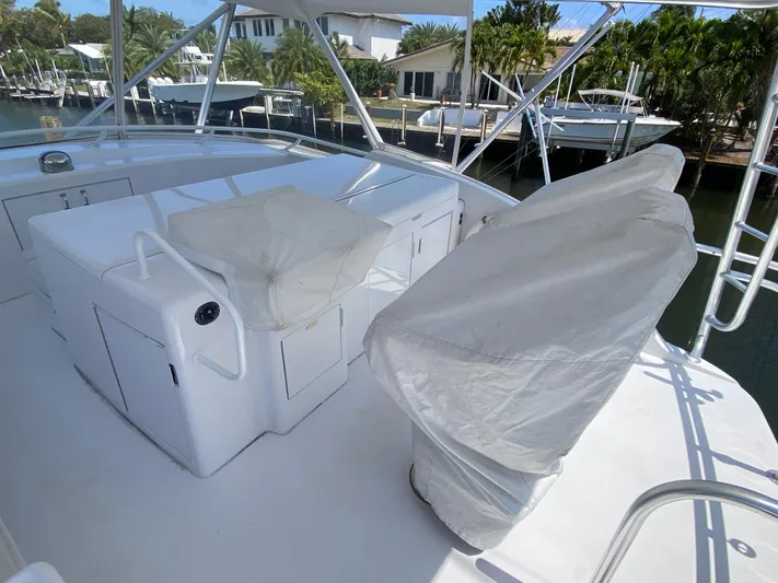 Rock Mama Yacht Photos Pics 2001 Hatteras 55 Convertible yacht deck with covered seating and helm station.