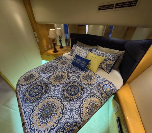 Rock Mama Yacht Photos Pics Luxurious bedroom interior of 2001 Hatteras 55 Convertible yacht with patterned bedding.