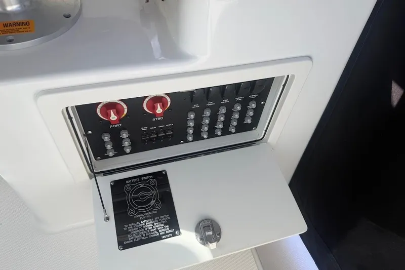  Yacht Photos Pics Control panel of a 2017 Boston Whaler 285 Conquest boat with battery switches.