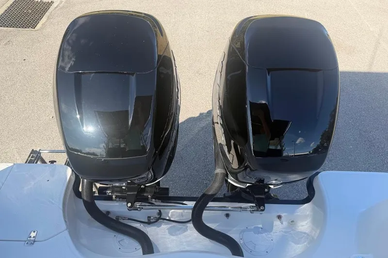  Yacht Photos Pics Twin outboard engines on a 2017 Boston Whaler 285 Conquest boat.