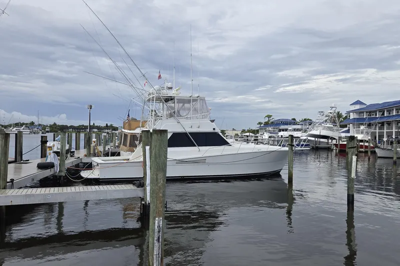 Wild Life Yacht Photos Pics 1989 Viking 45 Convertible yacht docked at marina under cloudy sky.