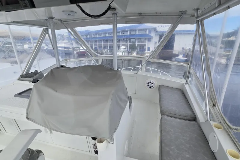 Wild Life Yacht Photos Pics Interior view of a 1989 Viking 45 Convertible yacht with covered helm and seating.