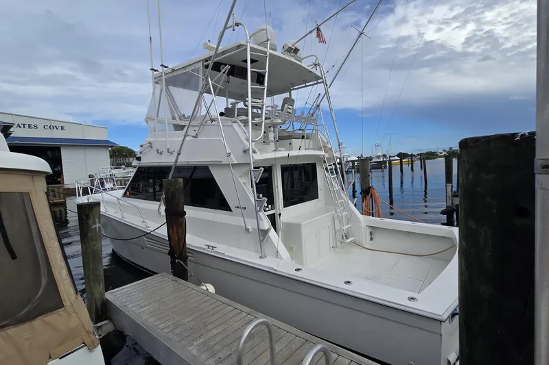 Wild Life Yacht Photos Pics 1989 Viking 45 Convertible yacht docked at marina under cloudy sky.